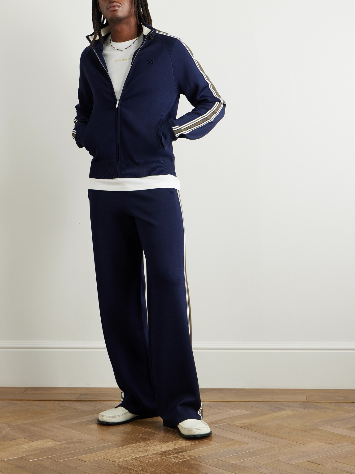 Shop Wales Bonner Straight-leg Striped Knitted Track Pants In Blue
