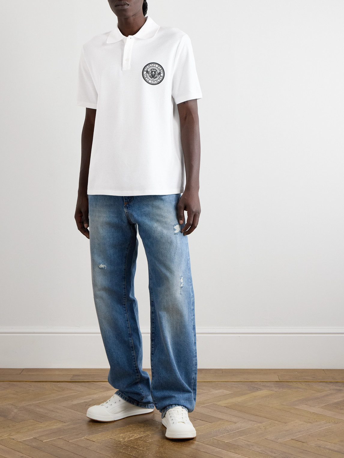 Balmain White Polo Shirt With Collar And Coin Print On The Front In White