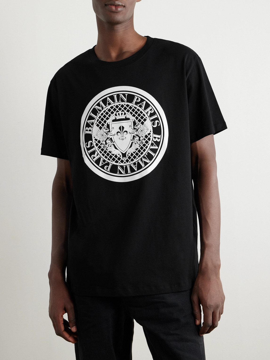 Shop Balmain Logo-flocked Cotton-jersey T-shirt In Black