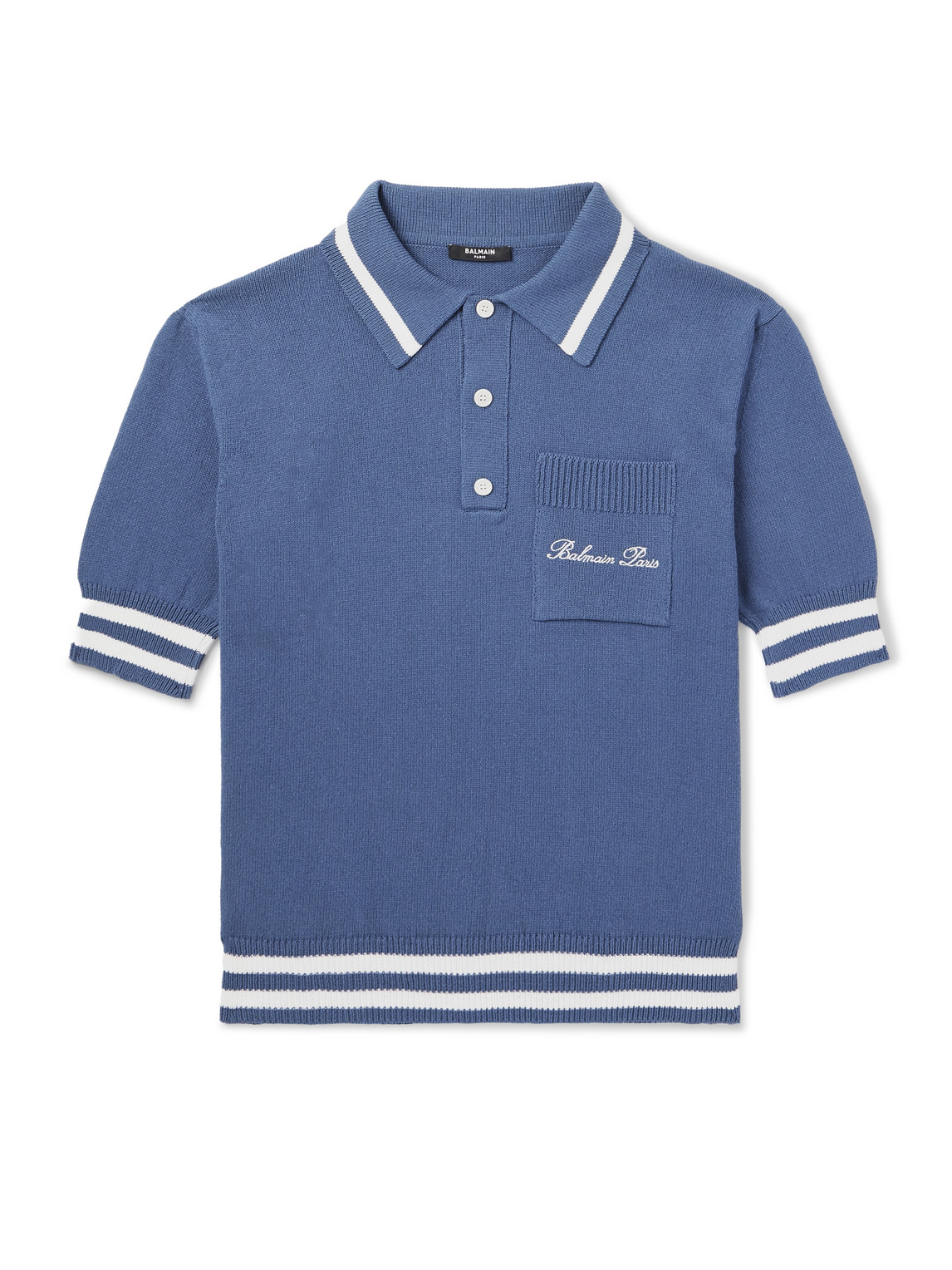 Balmain Logo-embroidered Striped Knitted Polo Shirt In Blue
