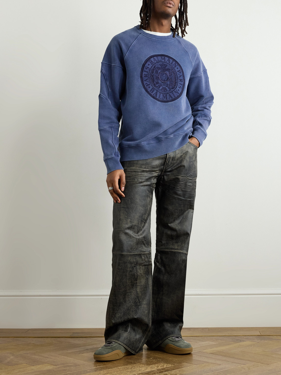 Shop Balmain Logo-embroidered Cotton-jersey Sweatshirt In Blue