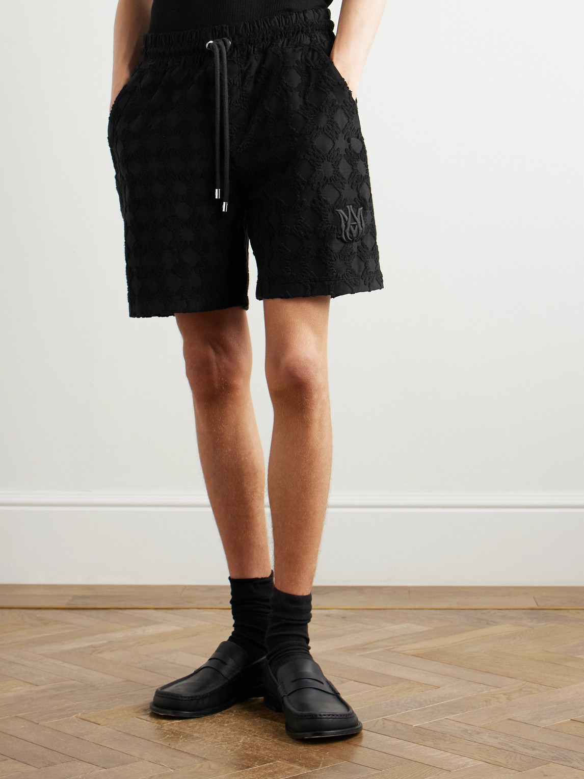 Amiri Black Bermuda Shorts With All-over Ma Quads Motif And Embroidered Logo On The Front In Black