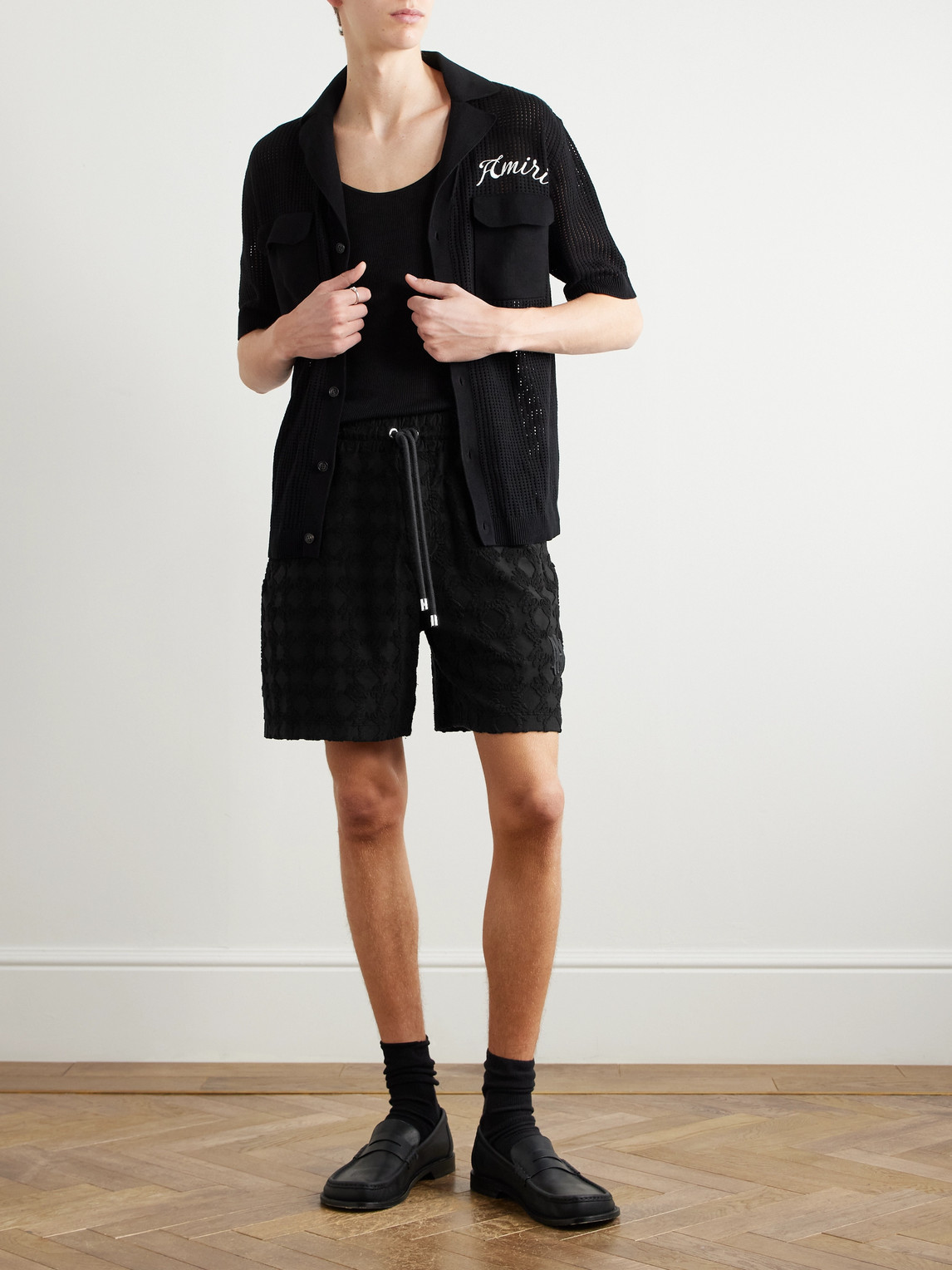 Amiri Black Bermuda Shorts With All-over Ma Quads Motif And Embroidered Logo On The Front In Black