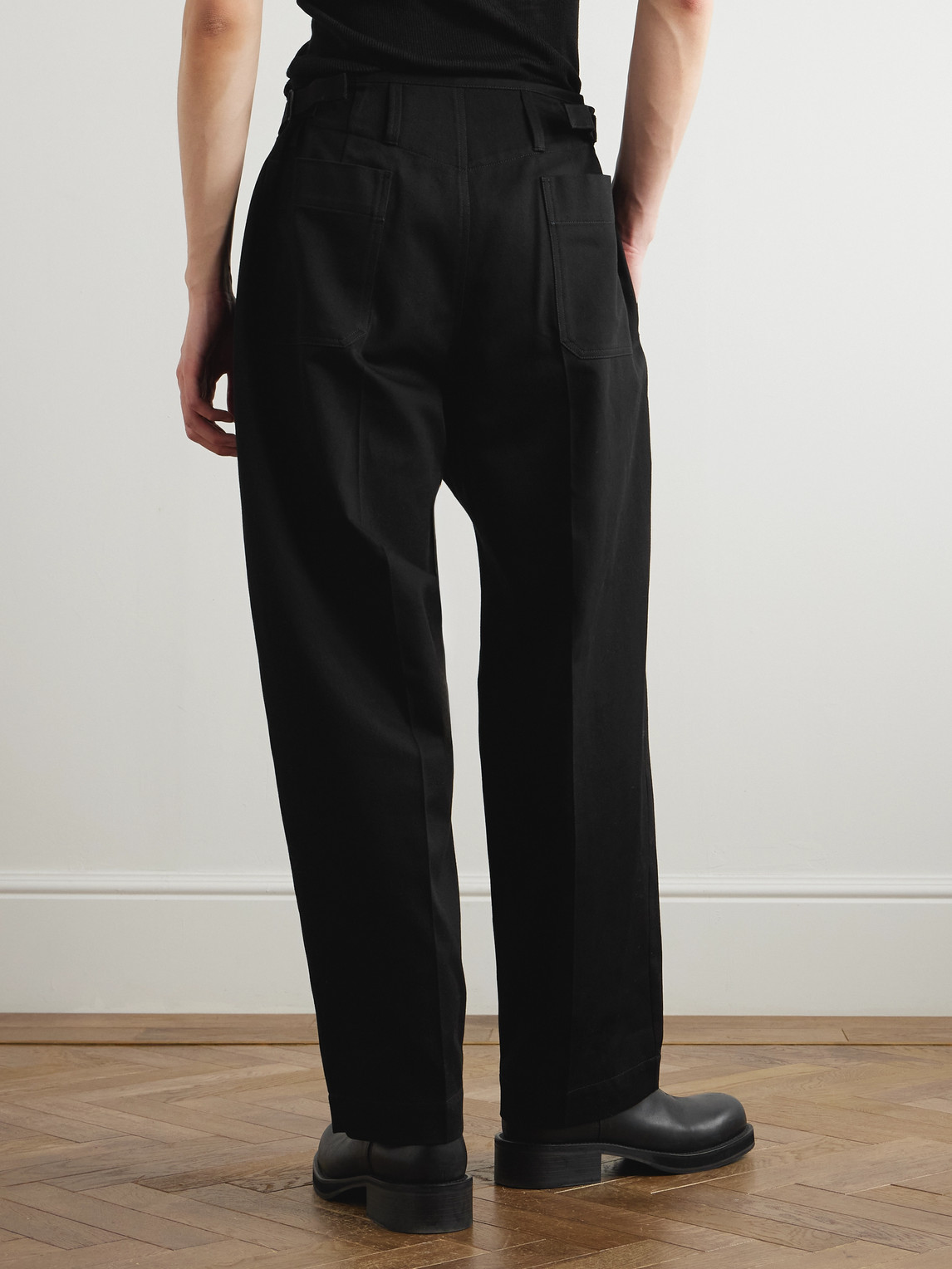Shop Lemaire Carrot Tapered Pleated Cotton-drill Trousers In Black