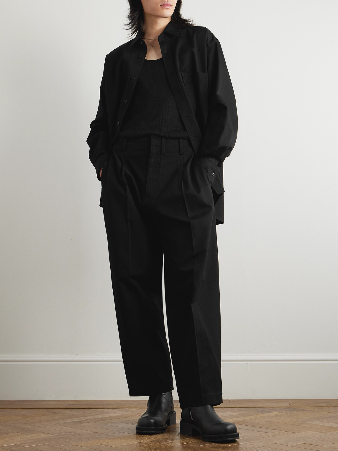Shop Lemaire Carrot Tapered Pleated Cotton-drill Trousers In Black