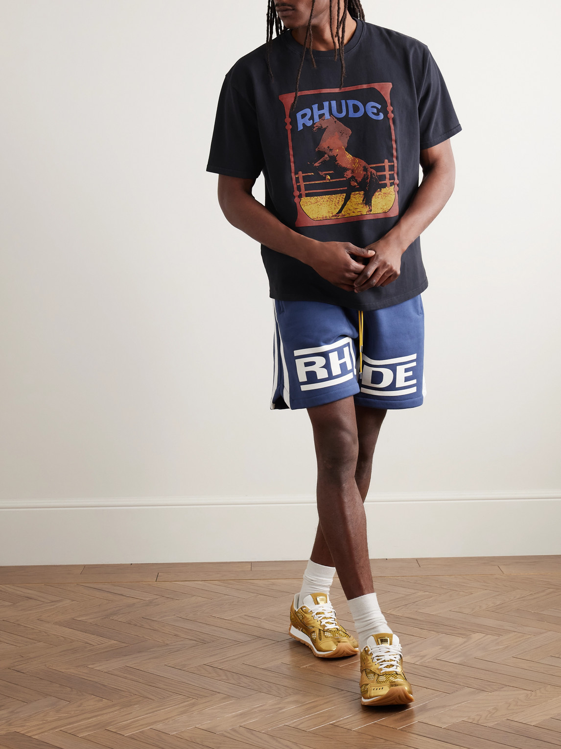 Rhude Cadre Noir Logo-print Cotton-jersey T-shirt In Black