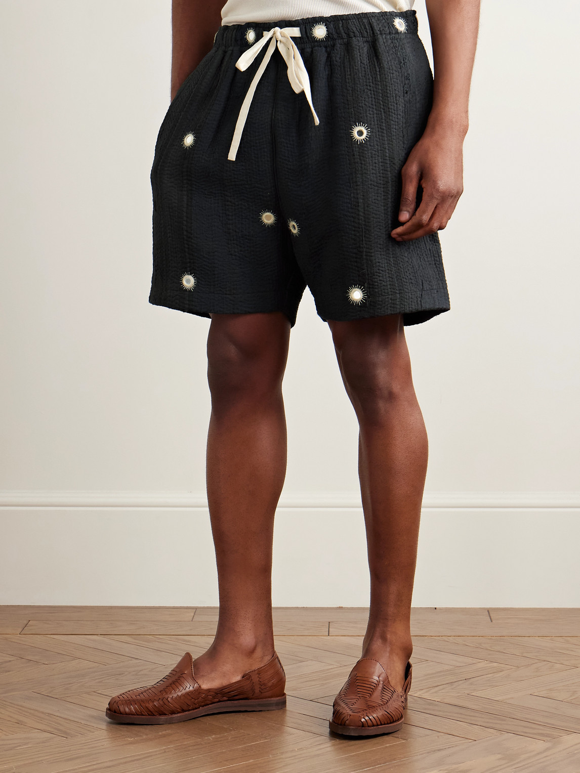 Shop Kartik Research Straight-leg Embellished Kantha Cotton Drawstring Shorts In Black