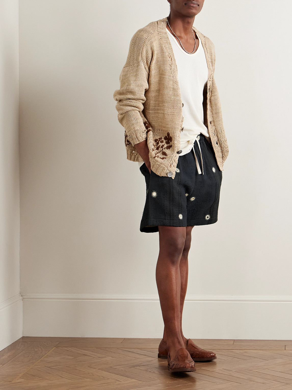 Shop Kartik Research Straight-leg Embellished Kantha Cotton Drawstring Shorts In Black