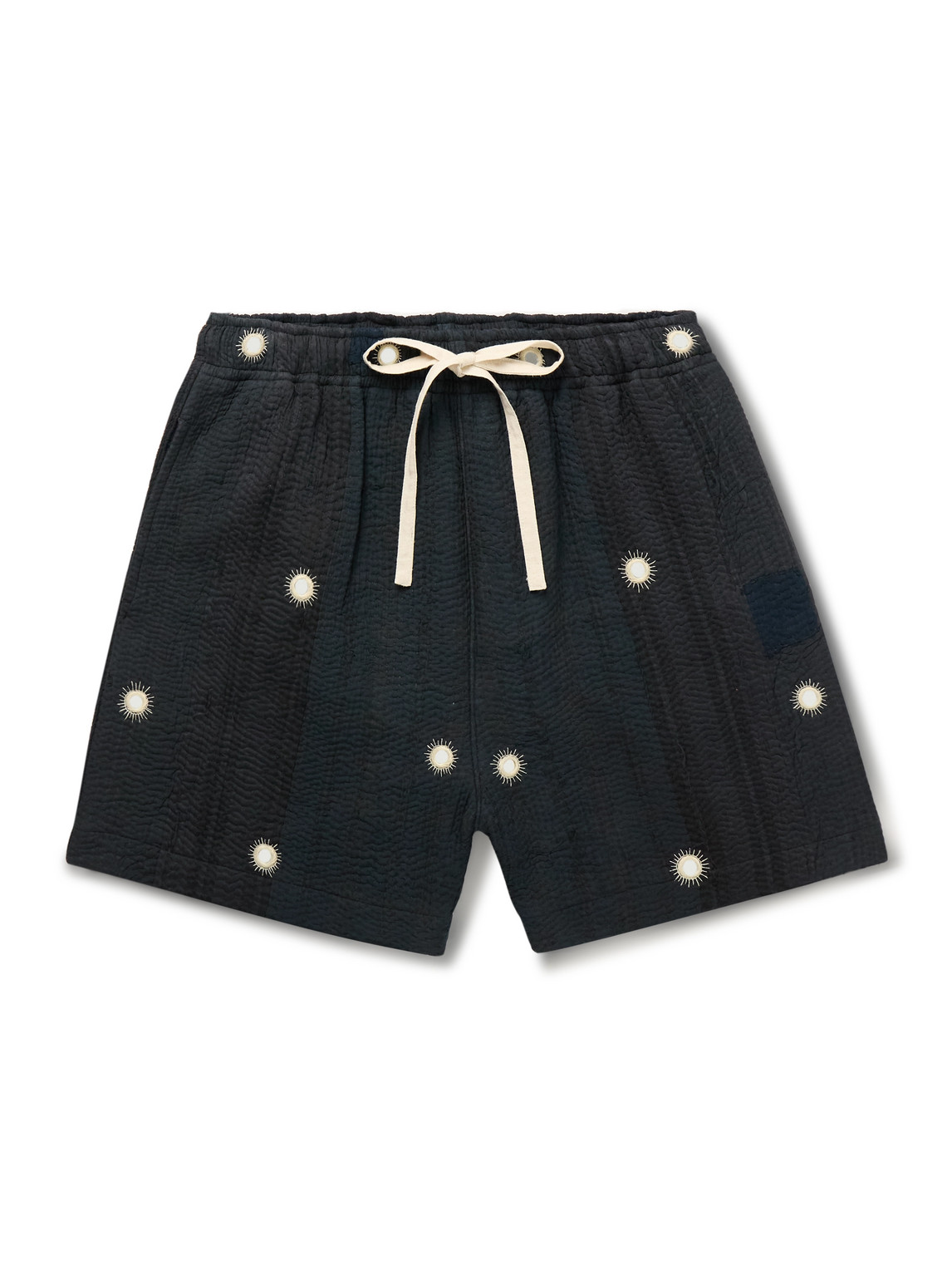 Shop Kartik Research Straight-leg Embellished Kantha Cotton Drawstring Shorts In Black