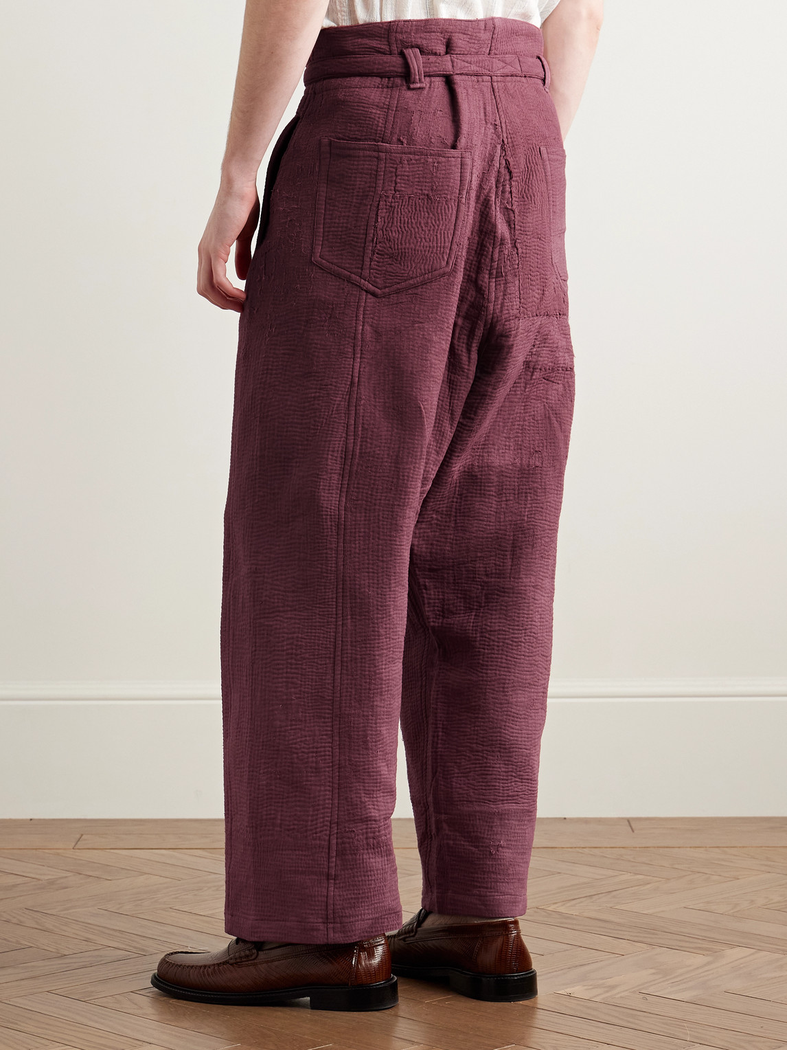 Shop Kartik Research Judo Belted Upcycled Textured-cotton Trousers In Burgundy