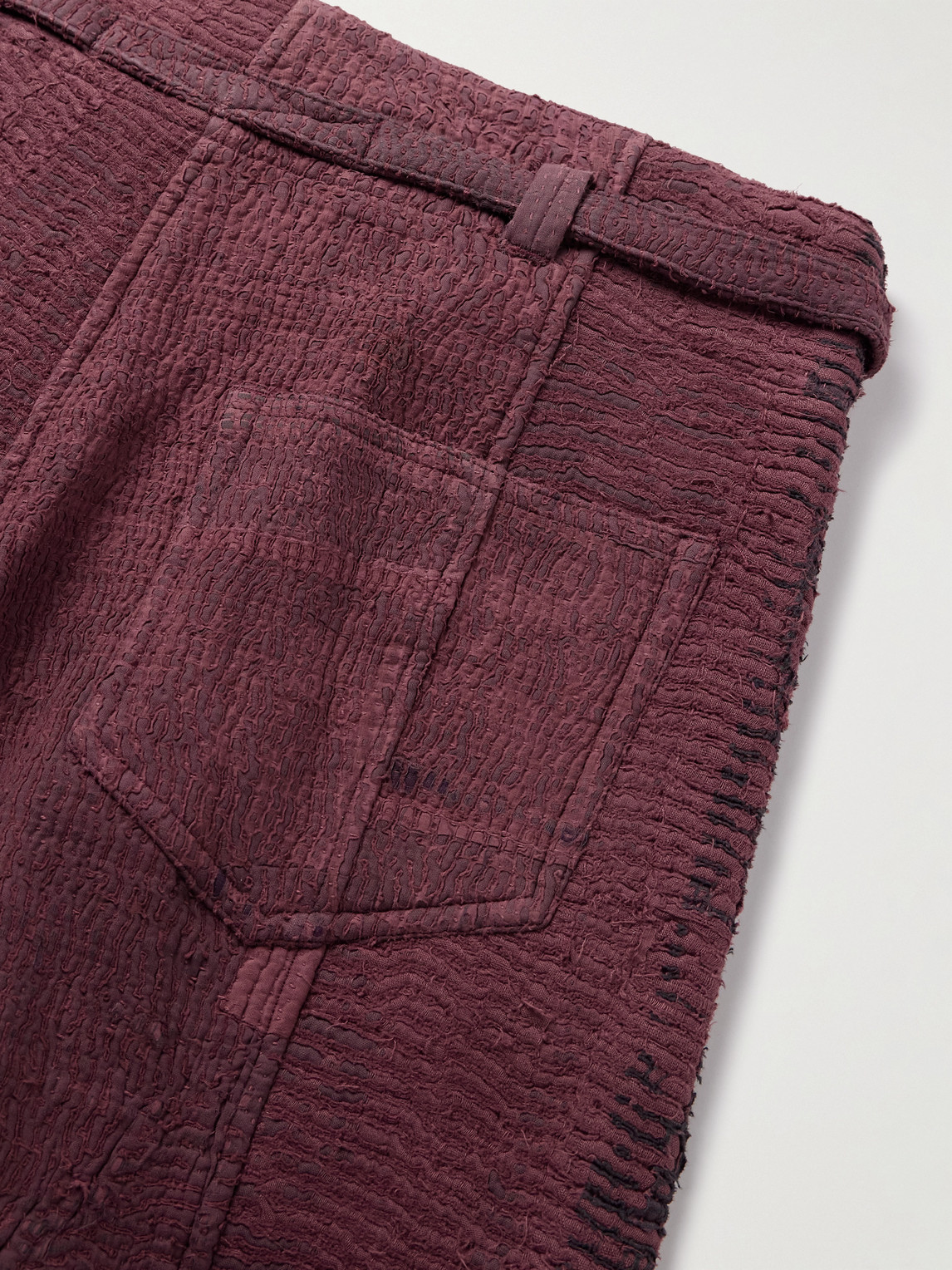 Shop Kartik Research Judo Belted Upcycled Textured-cotton Trousers In Burgundy