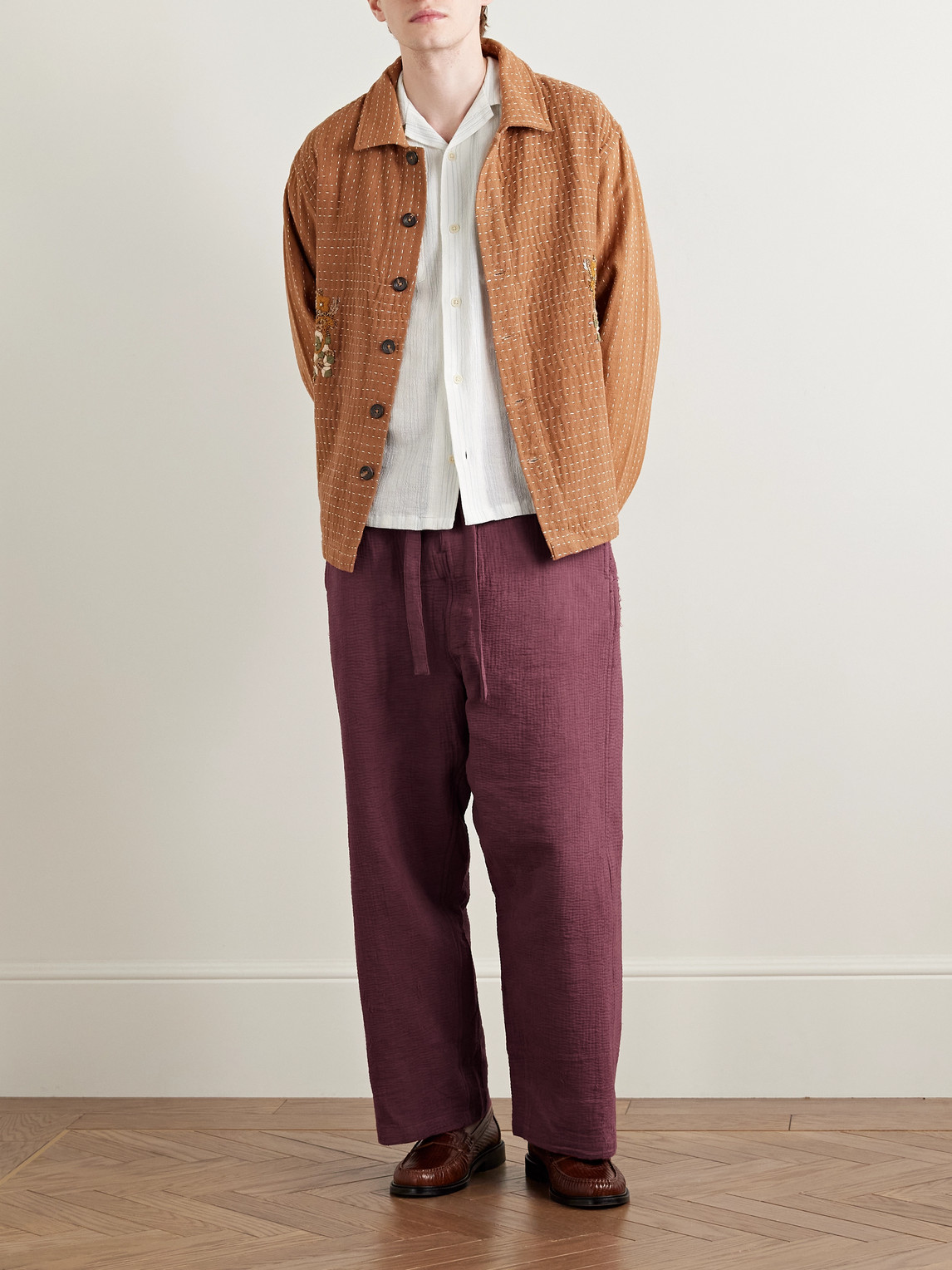 Shop Kartik Research Judo Belted Upcycled Textured-cotton Trousers In Burgundy