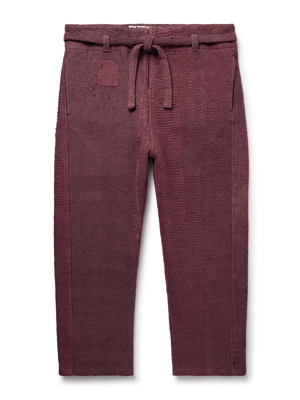 Kartik Research Judo Belted Upcycled Textured-cotton Trousers In Burgundy