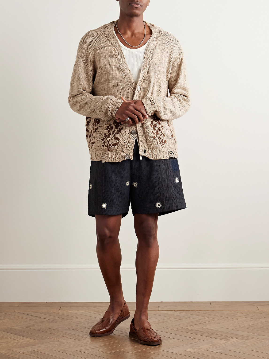 KARTIK RESEARCH DISTRESSED INTARSIA KALA COTTON CARDIGAN