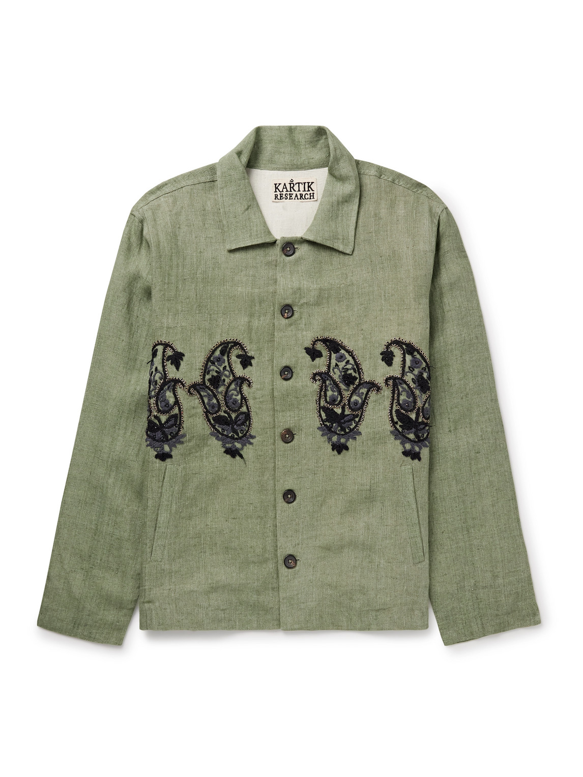 Shop Kartik Research Embellished Linen Overshirt In Green