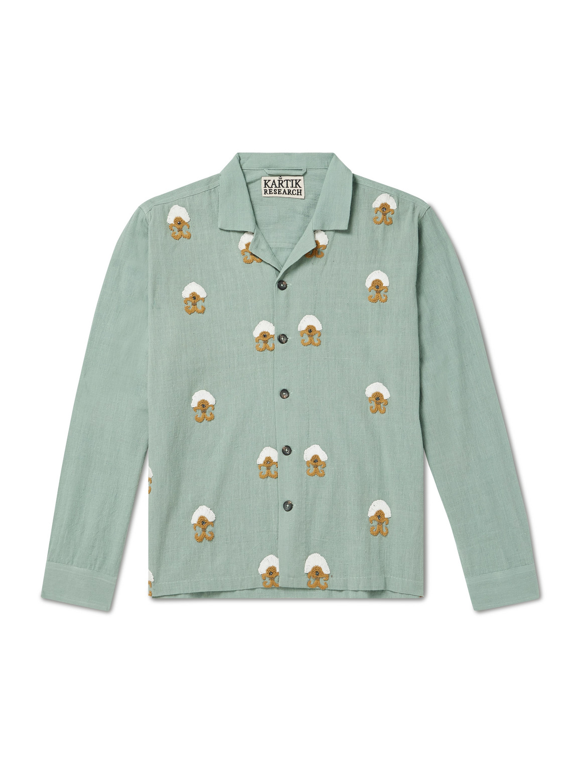 Kartik Research Camp-collar Embellished Embroidered Cotton Shirt In Blue