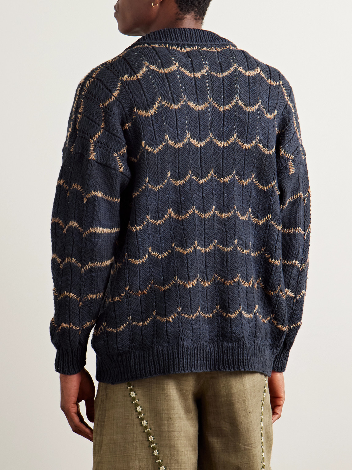 KARTIK RESEARCH OPEN-KNIT INTARSIA COTTON POLO SHIRT