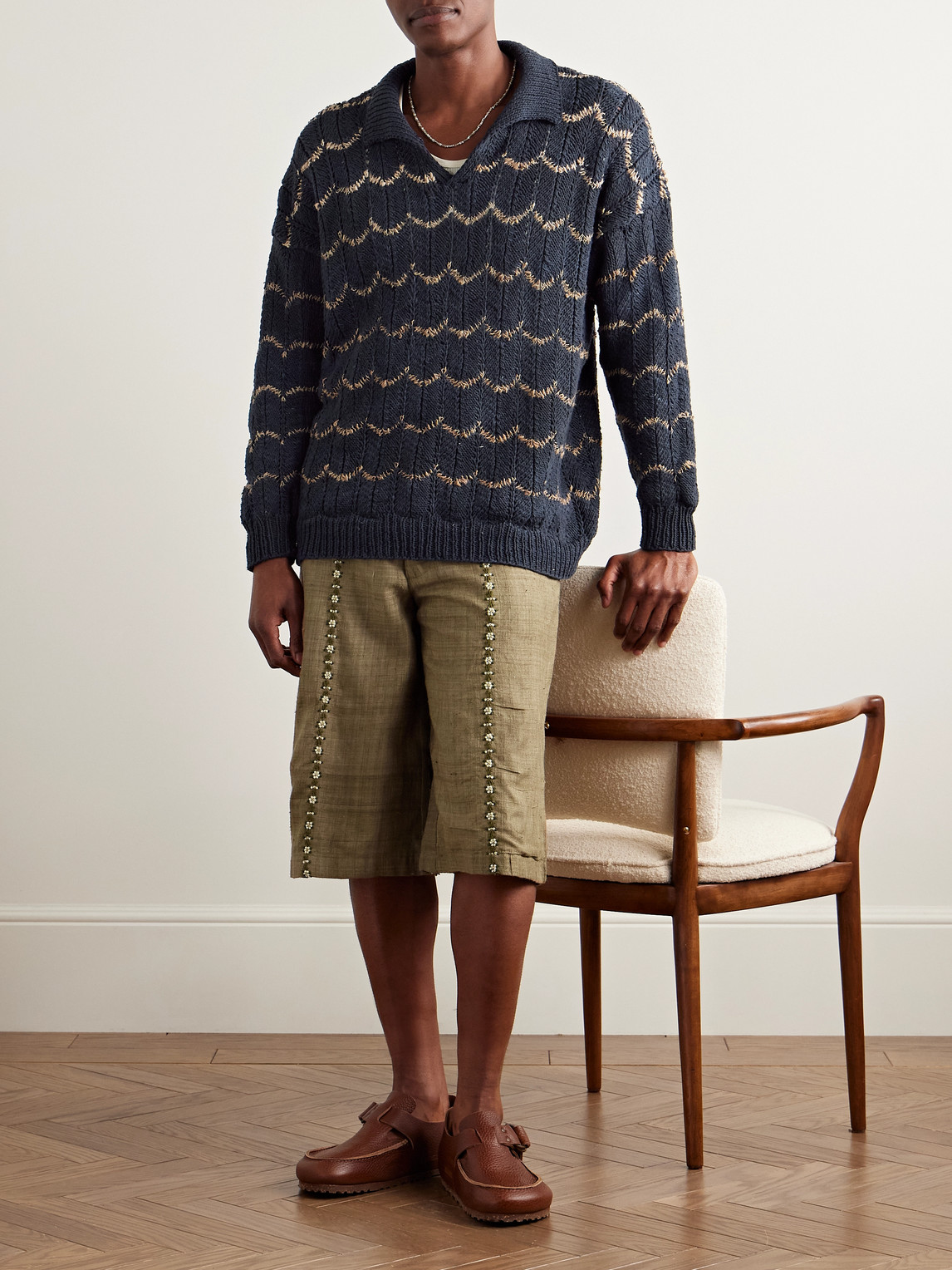 KARTIK RESEARCH OPEN-KNIT INTARSIA COTTON POLO SHIRT