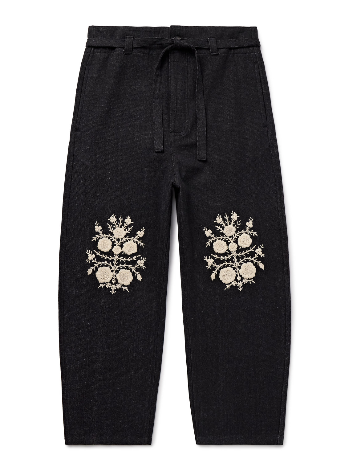 Kartik Research Fauji Belted Embroidered Cotton-twill Trousers In Black