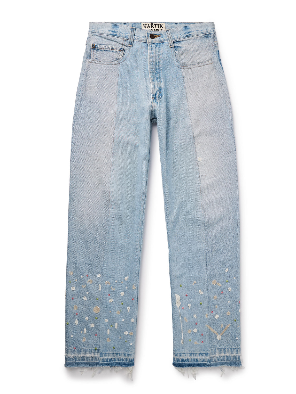 Kartik Research Straight-leg Upcycled Frayed Embellished Panelled Jeans In Blue