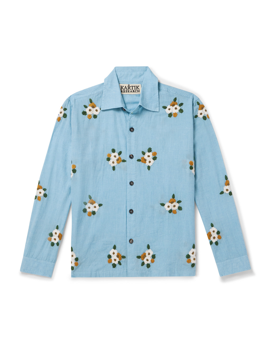 Kartik Research Floral-embroidered Embellished Cotton Shirt In Blue