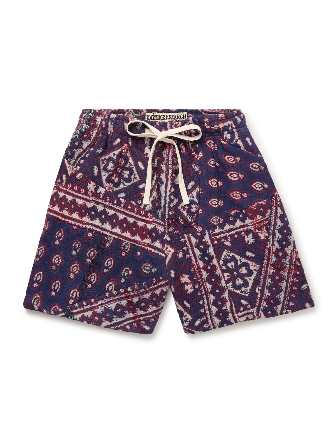 Kartik Research Straight-leg Patchwork Printed Kantha Cotton Drawstring Shorts In Blue