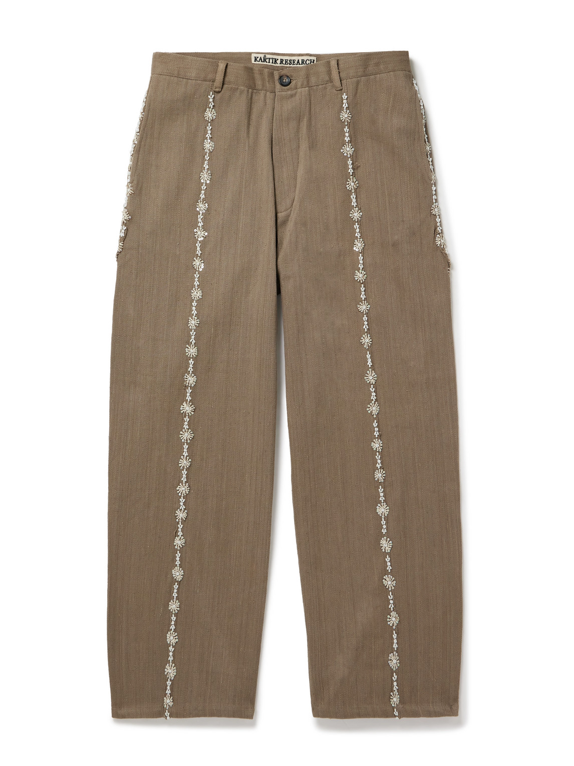 Kartik Research Wide-leg Embellished Embroidered Cotton Trousers In Brown
