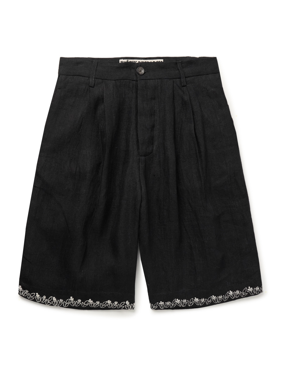 Straight-Leg Pleated Embroidered Linen Shorts