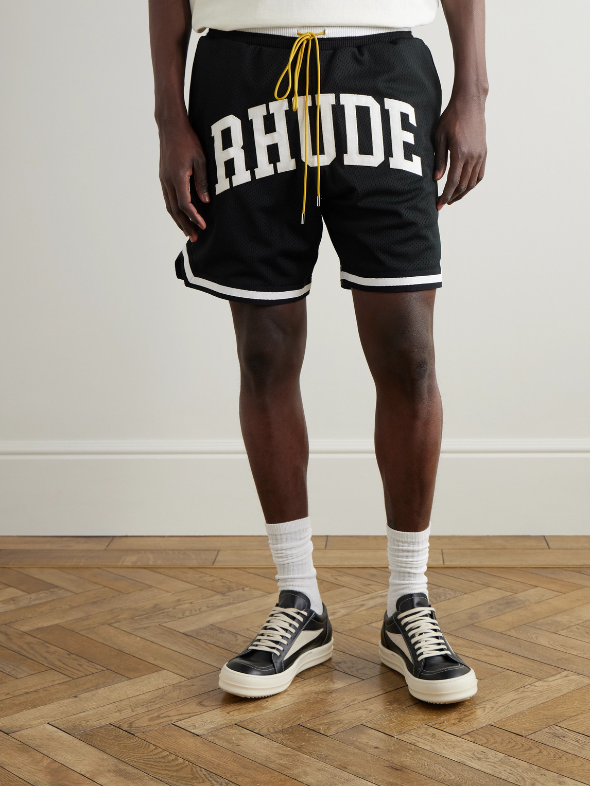 Shop Rhude Logo-appliquéd Mesh Drawstring Shorts In Black