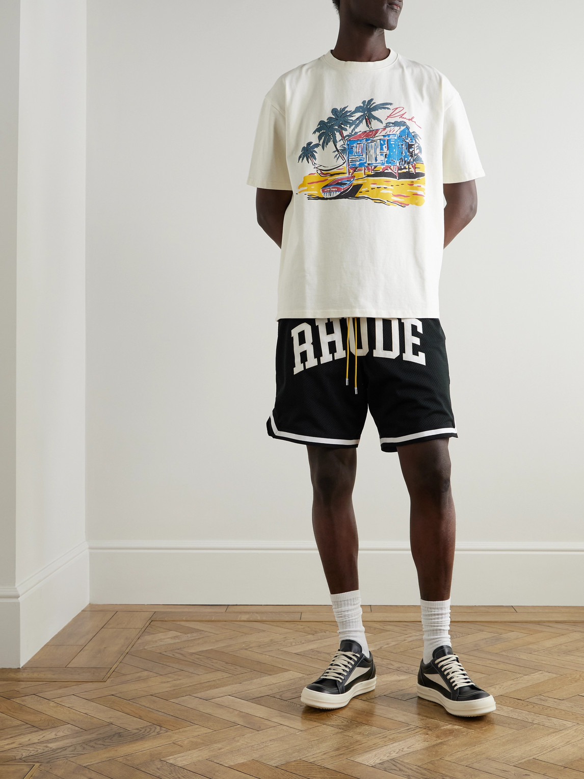 Shop Rhude Logo-appliquéd Mesh Drawstring Shorts In Black