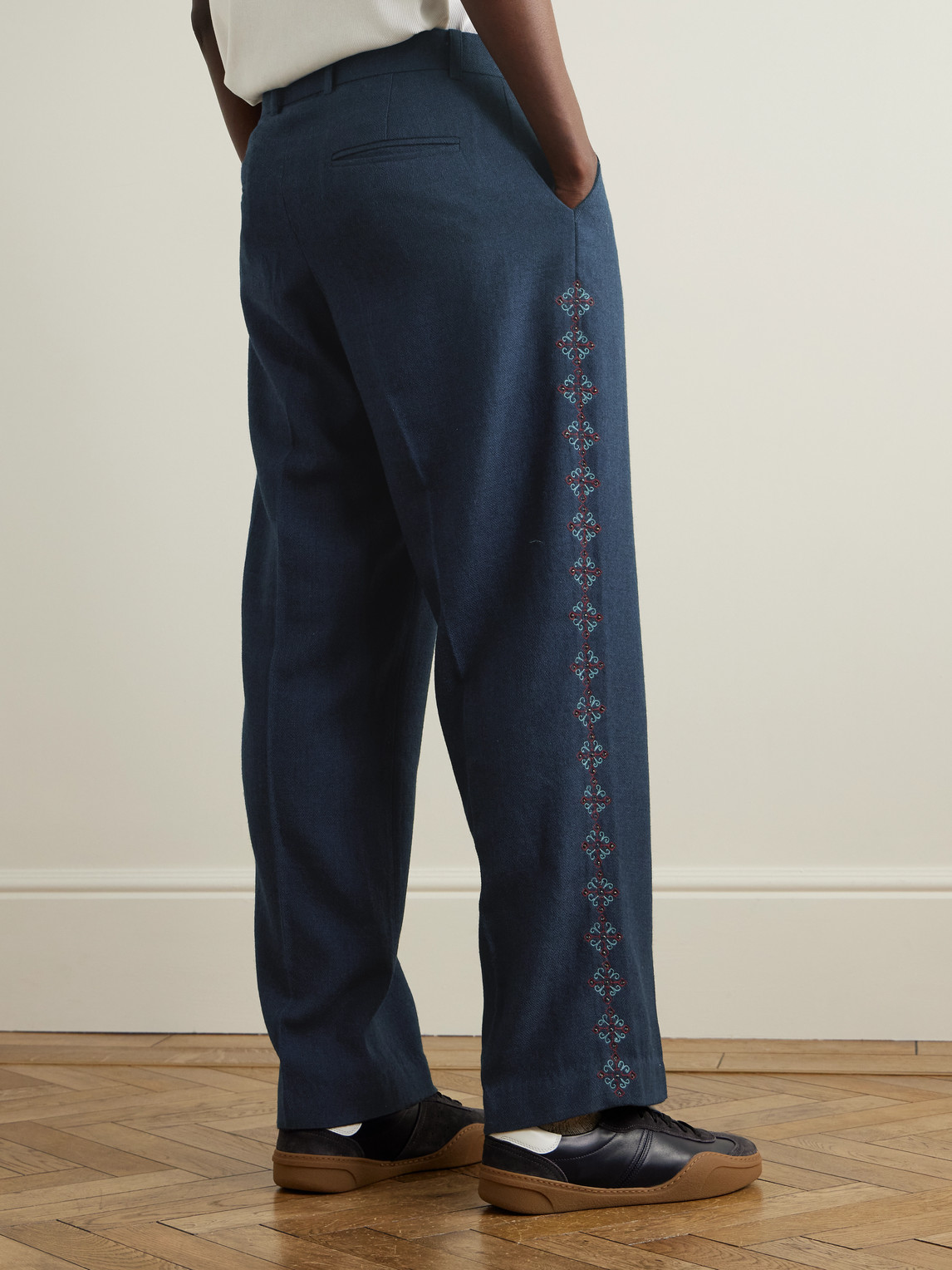 KARTIK RESEARCH PLEATED EMBROIDERED WOOL STRAIGHT-LEG TROUSERS