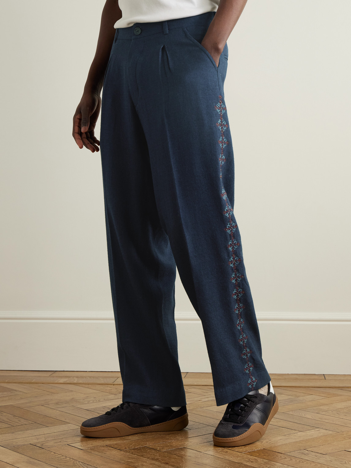 KARTIK RESEARCH PLEATED EMBROIDERED WOOL STRAIGHT-LEG TROUSERS
