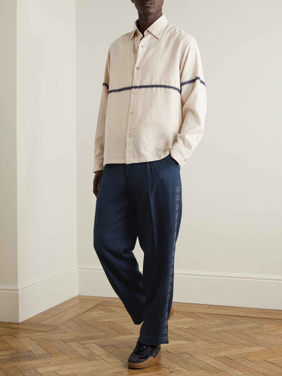 KARTIK RESEARCH PLEATED EMBROIDERED WOOL STRAIGHT-LEG TROUSERS