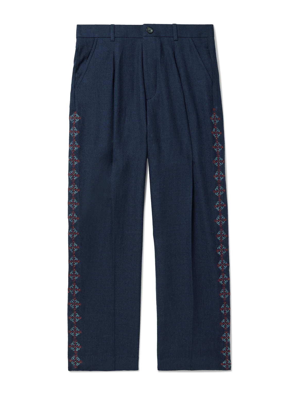 Kartik Research Pleated Embroidered Wool Straight-leg Trousers In Blue