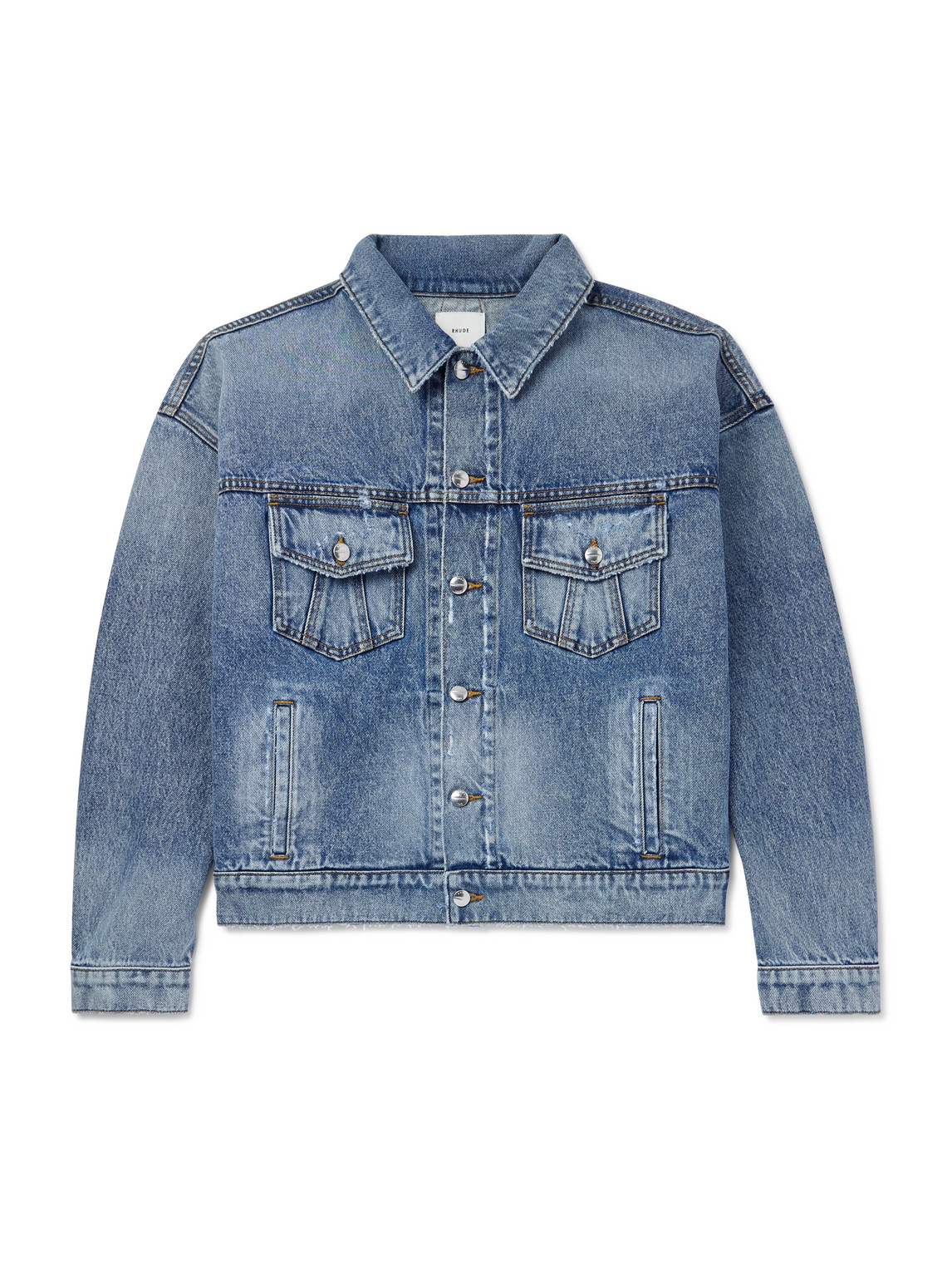 Dropneck Cropped Distressed Denim Trucker Jacket