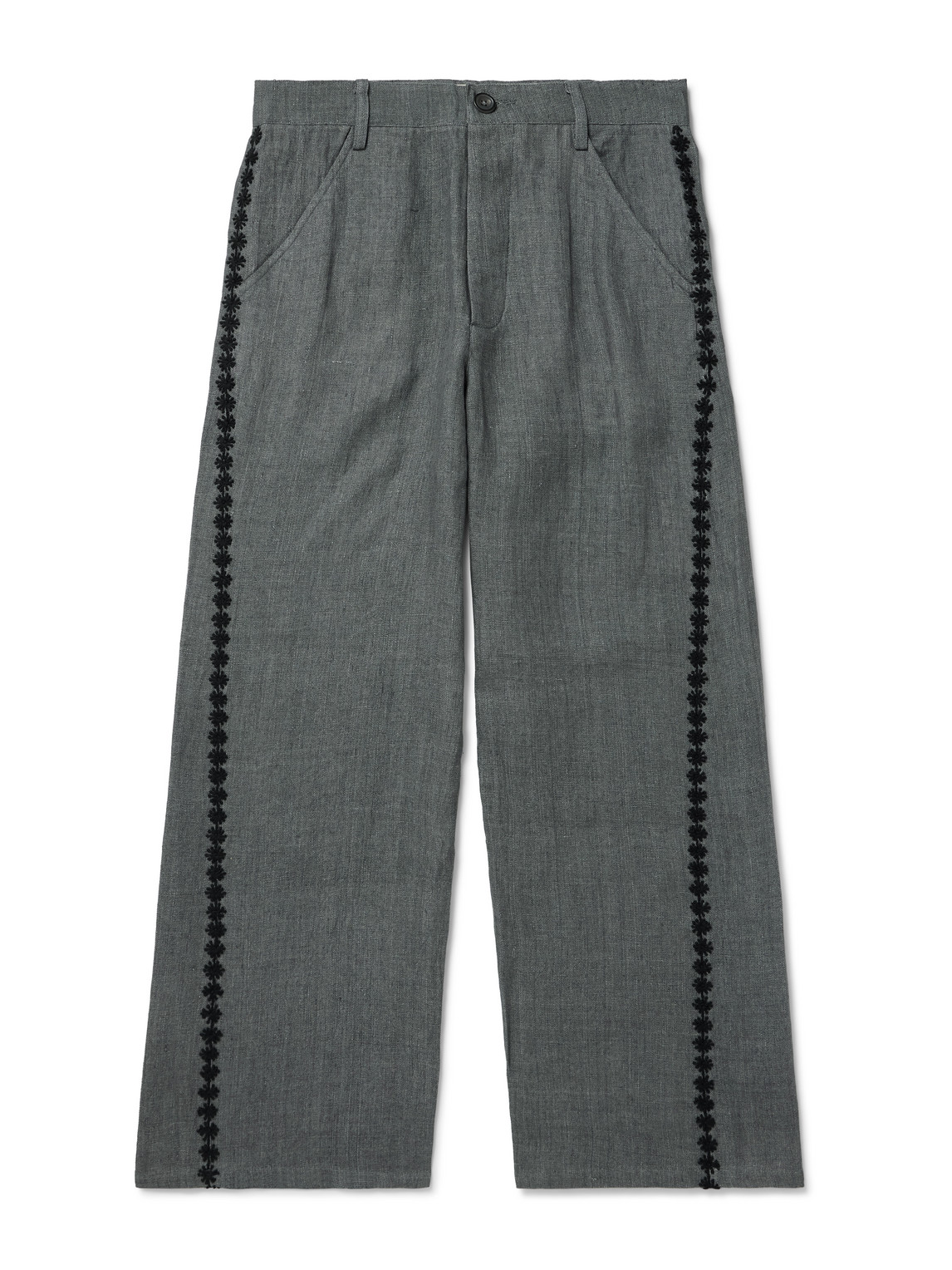 Kartik Research Embroidered Linen Wide-leg Trousers In Grey