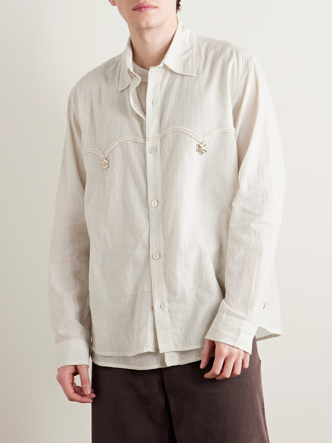 Shop Kartik Research Embellished Striped Cotton-voile Shirt In Neutrals