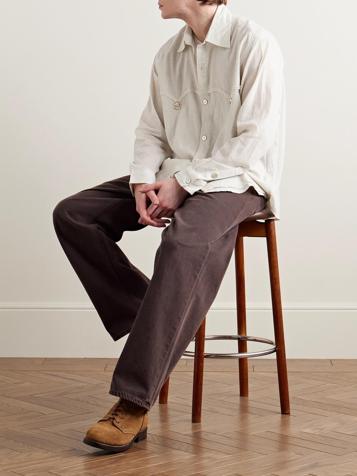 Shop Kartik Research Embellished Striped Cotton-voile Shirt In Neutrals