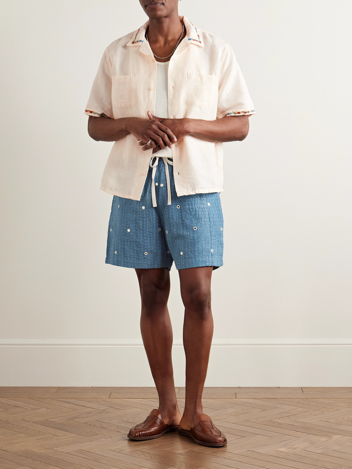 KARTIK RESEARCH STRAIGHT-LEG EMBELLISHED KANTHA COTTON DRAWSTRING SHORTS