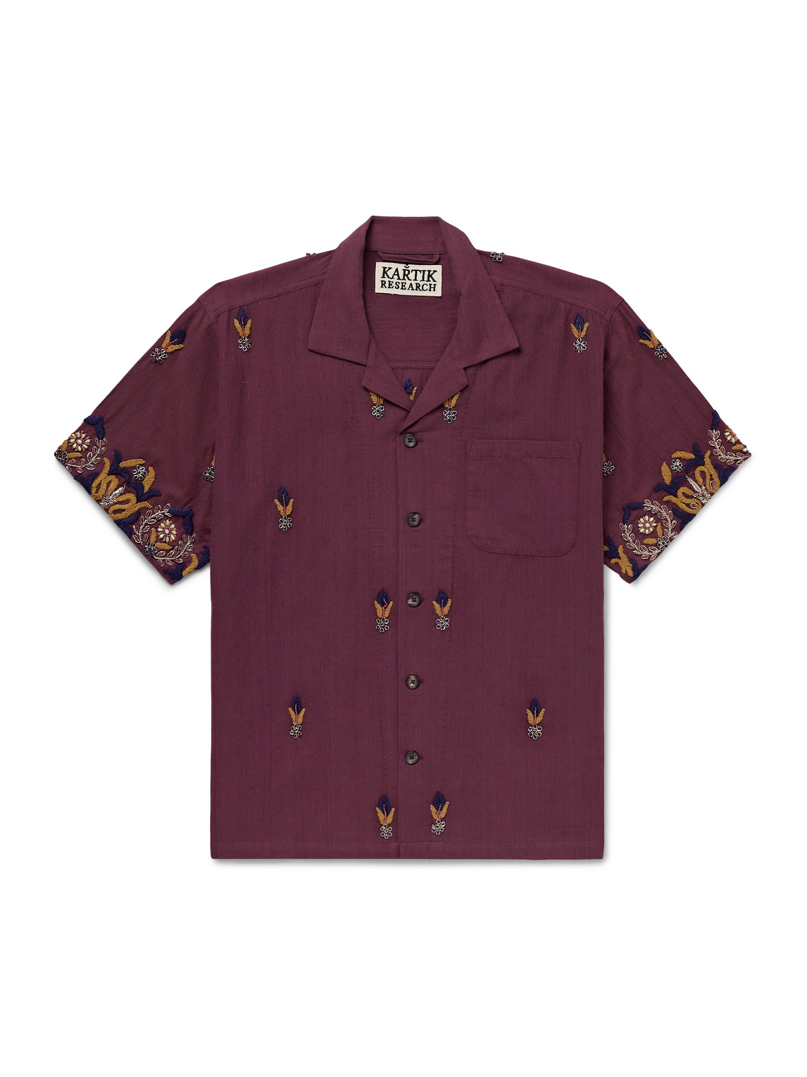Kartik Research Camp-collar Embellished Embroidered Cotton Shirt In Purple