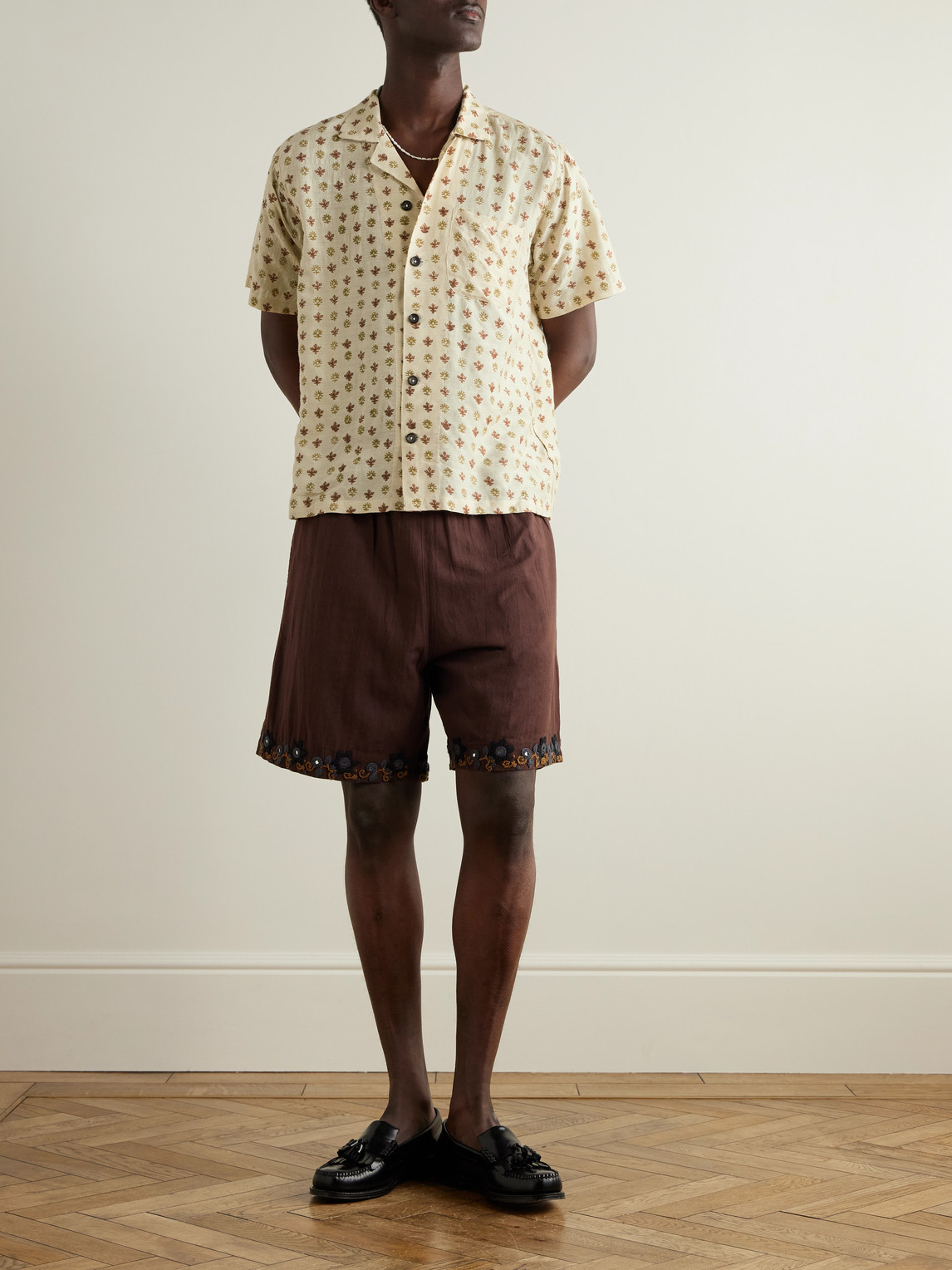 Shop Kartik Research Camp-collar Embroidered Silk Shirt In Neutrals