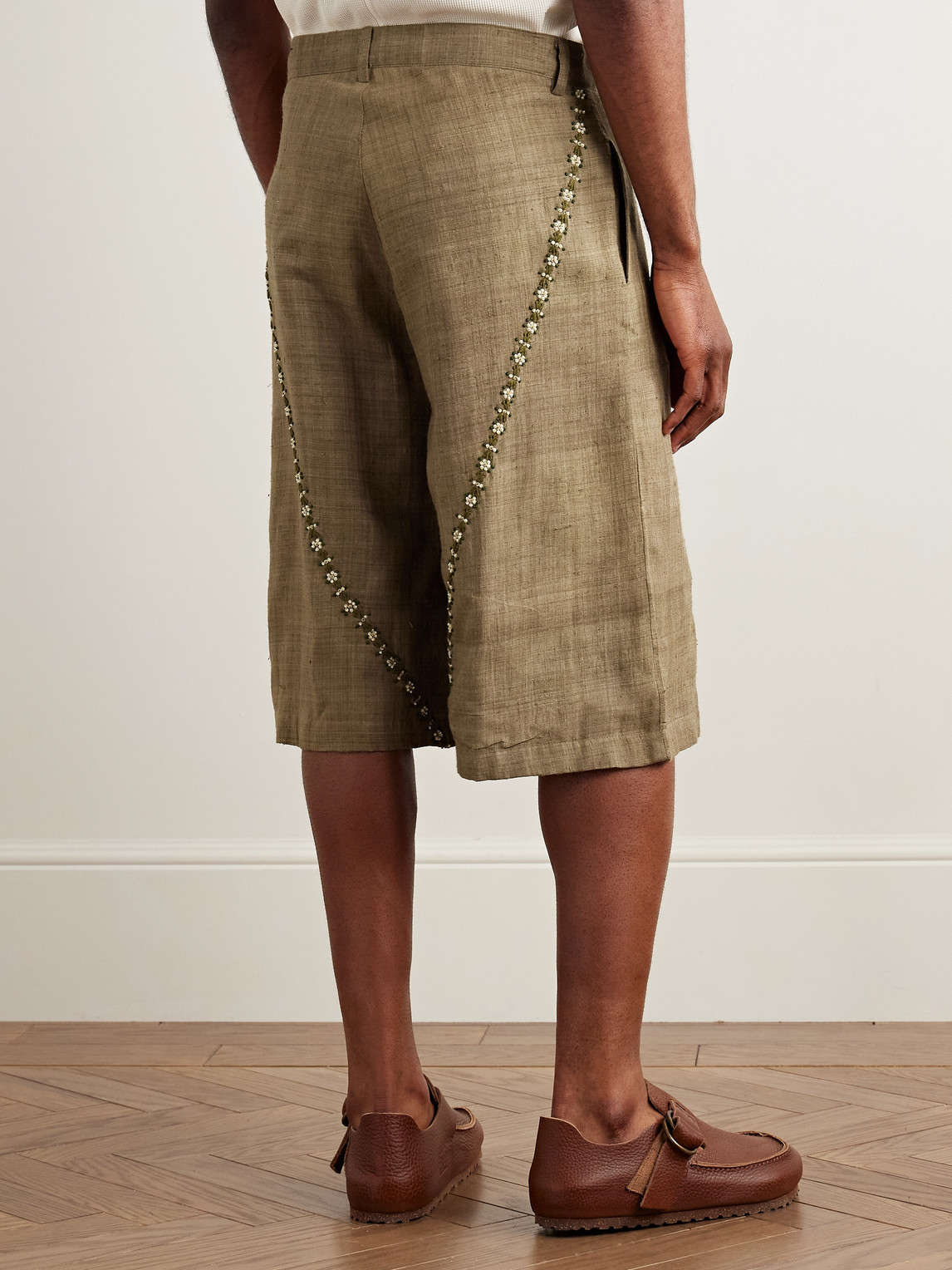 Shop Kartik Research Straight-leg Embellished Slub Silk-voile Shorts In Green