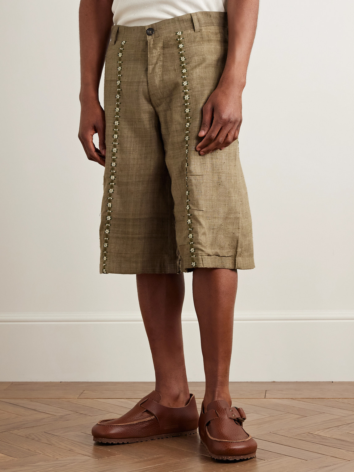 Shop Kartik Research Straight-leg Embellished Slub Silk-voile Shorts In Green