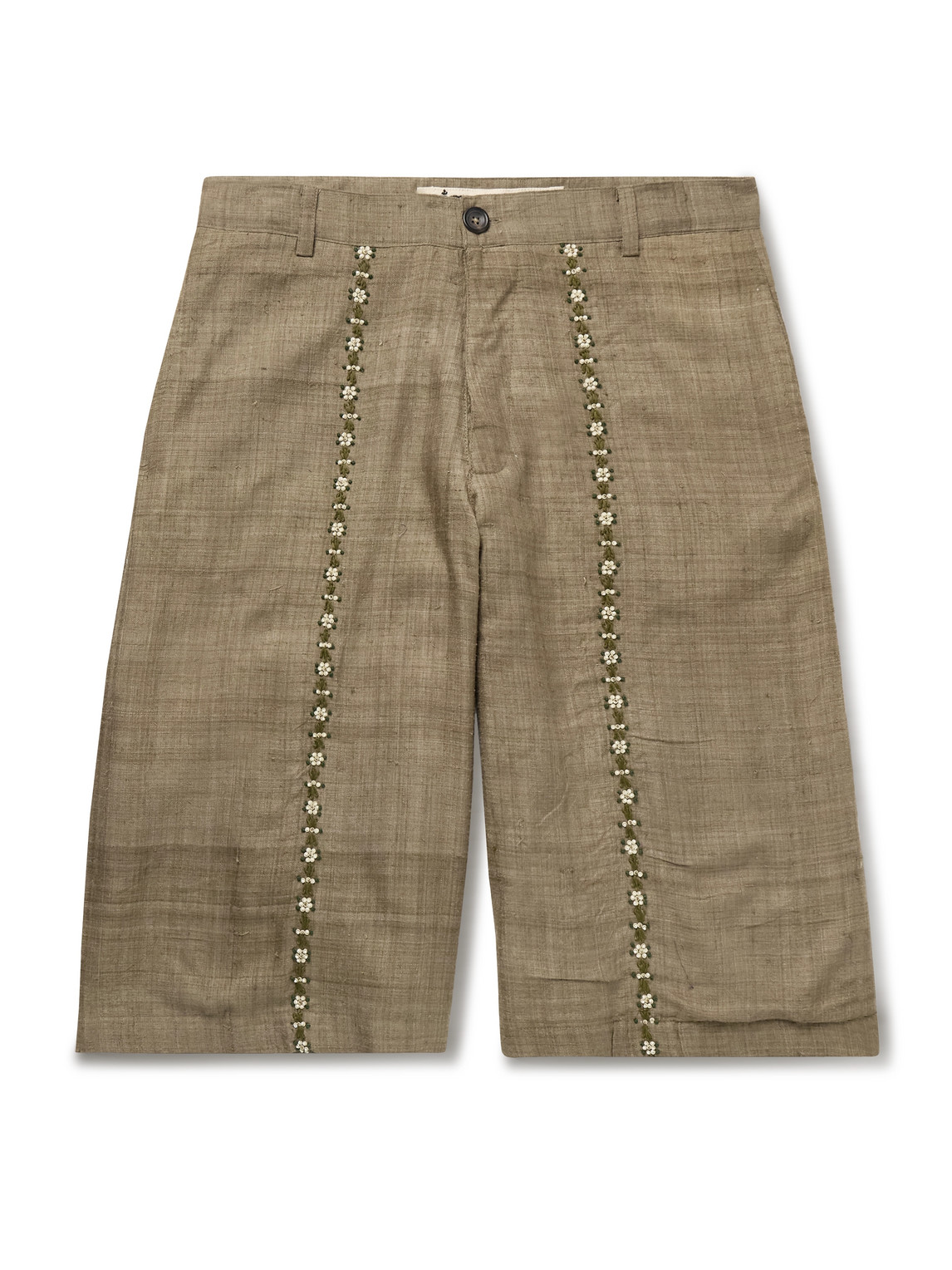Shop Kartik Research Straight-leg Embellished Slub Silk-voile Shorts In Green