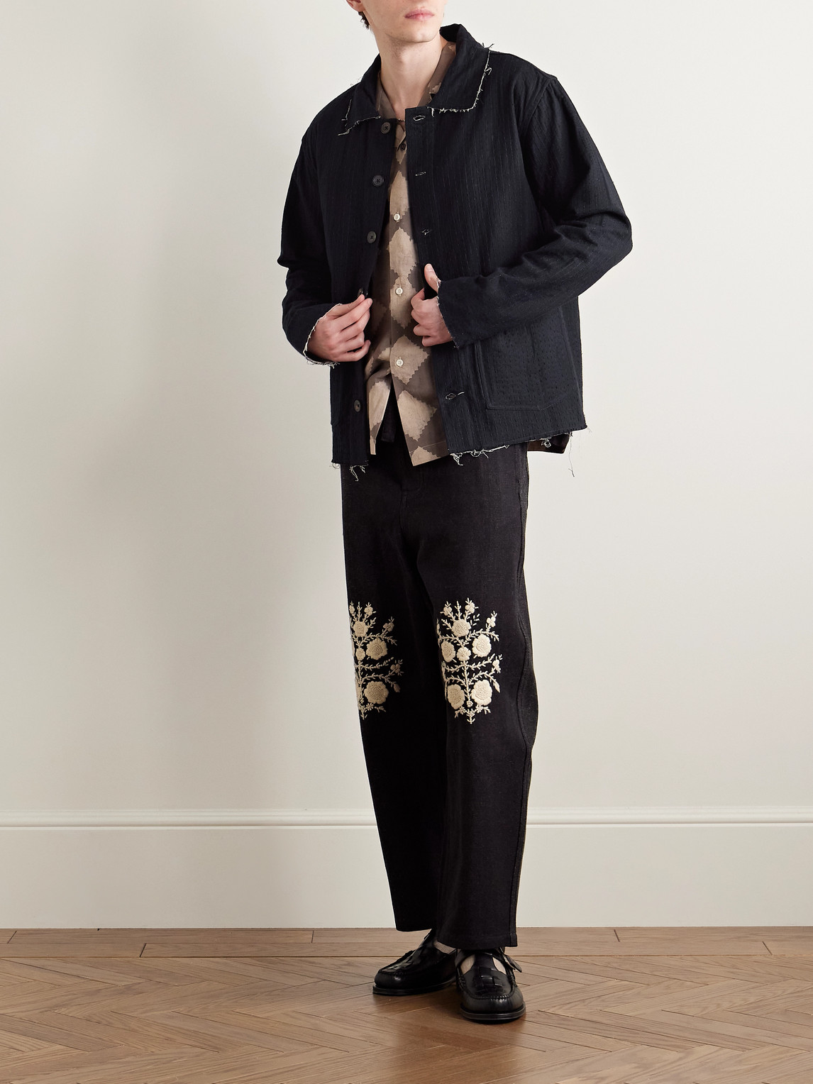 Shop Kartik Research Reversible Frayed Embroidered Cotton-voile Jacket In Black