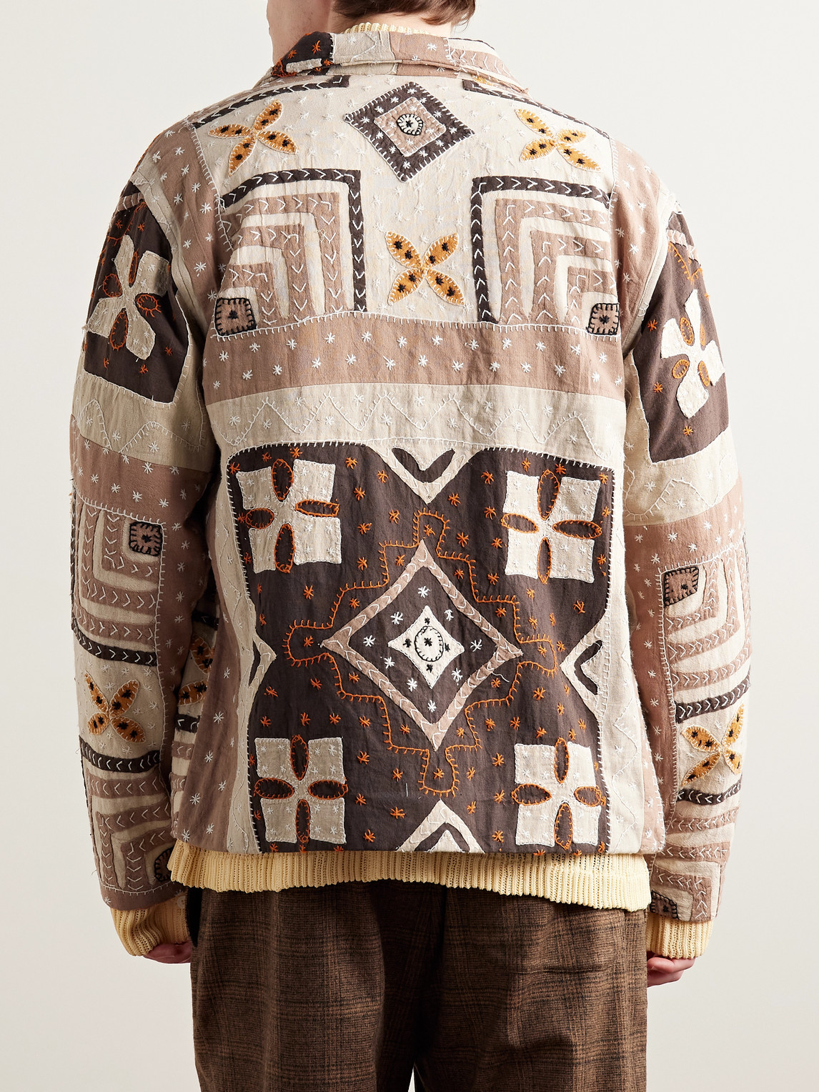 Shop Kartik Research Embroidered Quilted Patchwork Cotton Jacket In Brown