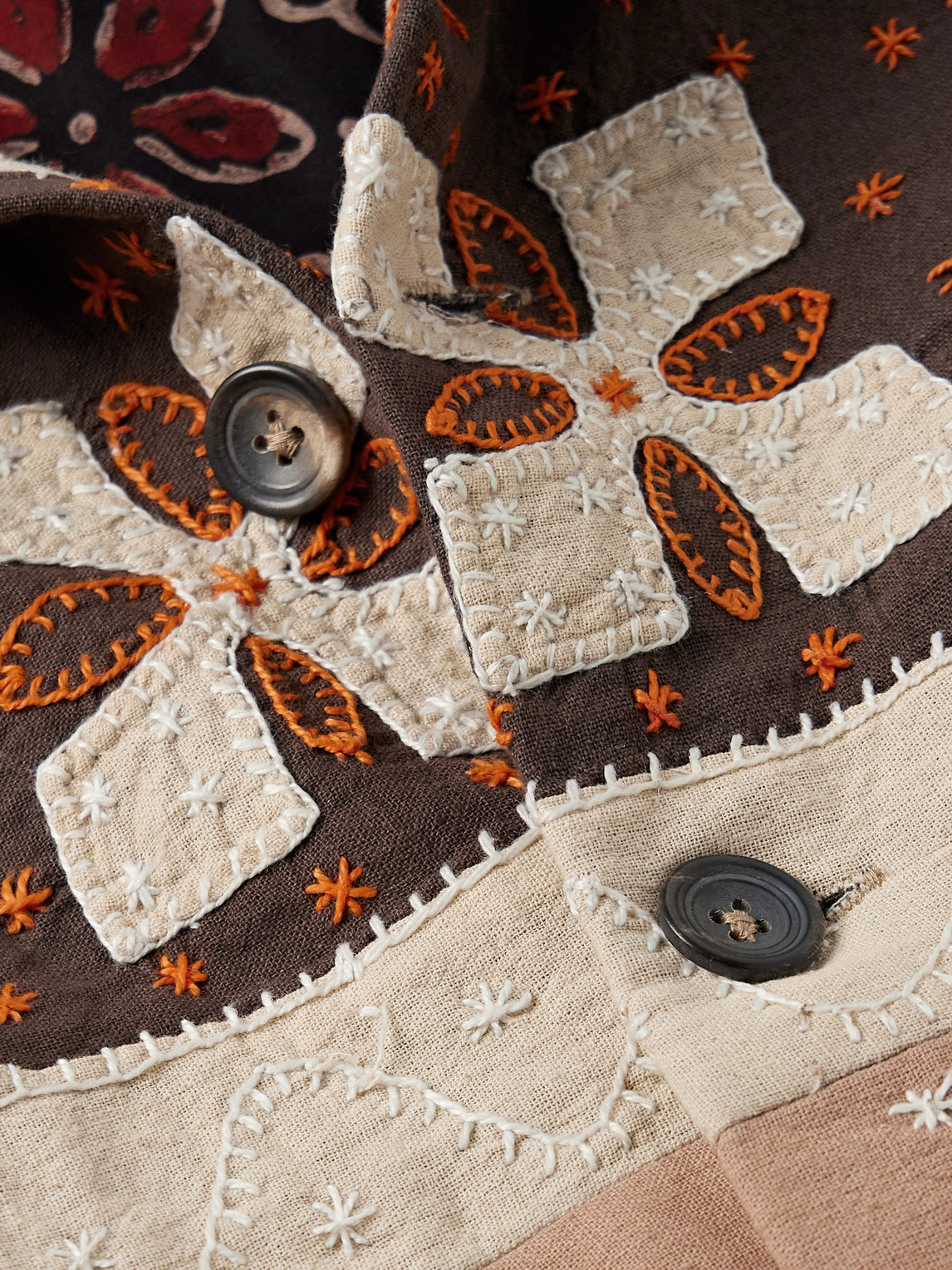 Shop Kartik Research Embroidered Quilted Patchwork Cotton Jacket In Brown
