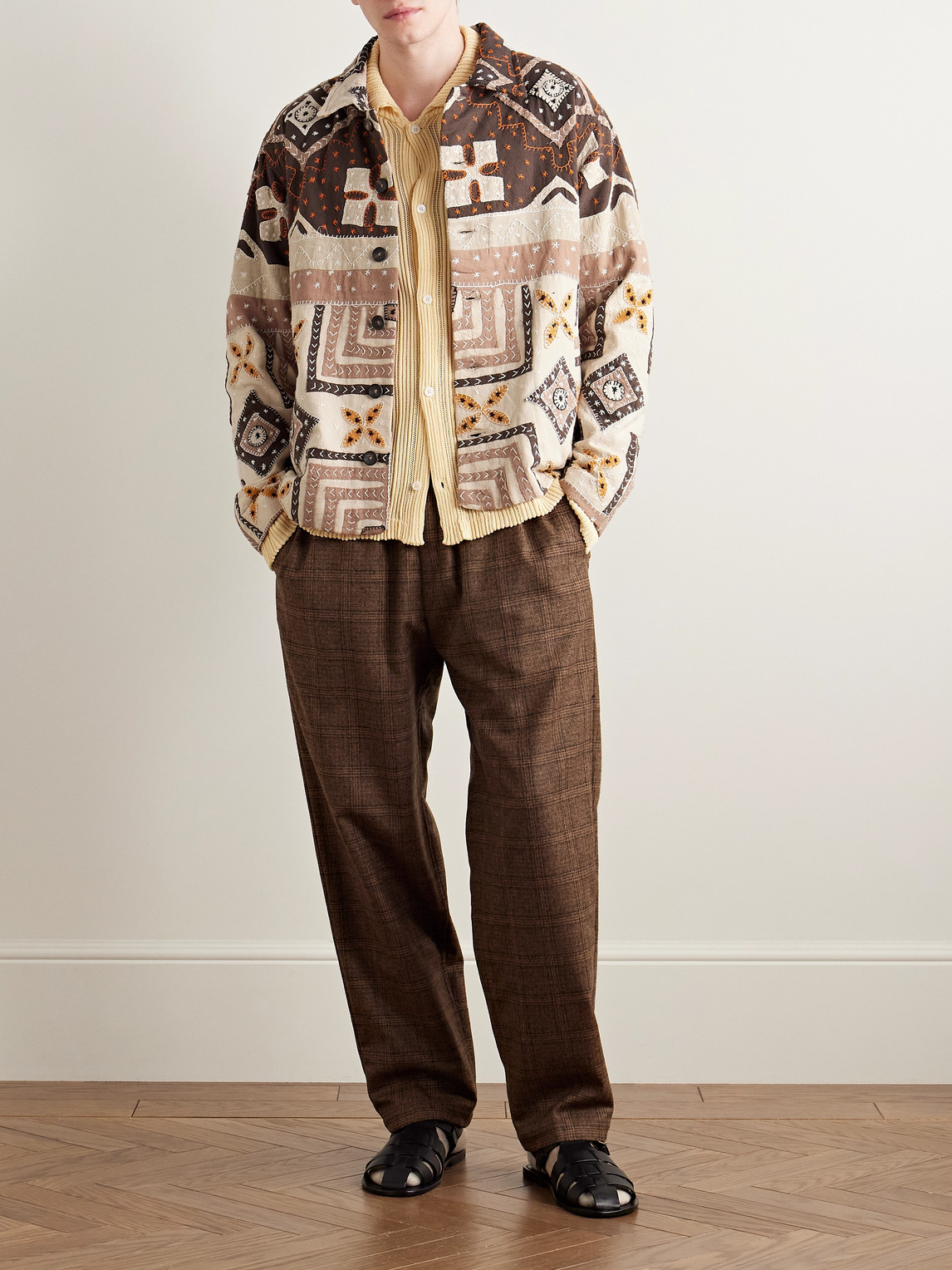 Shop Kartik Research Embroidered Quilted Patchwork Cotton Jacket In Brown