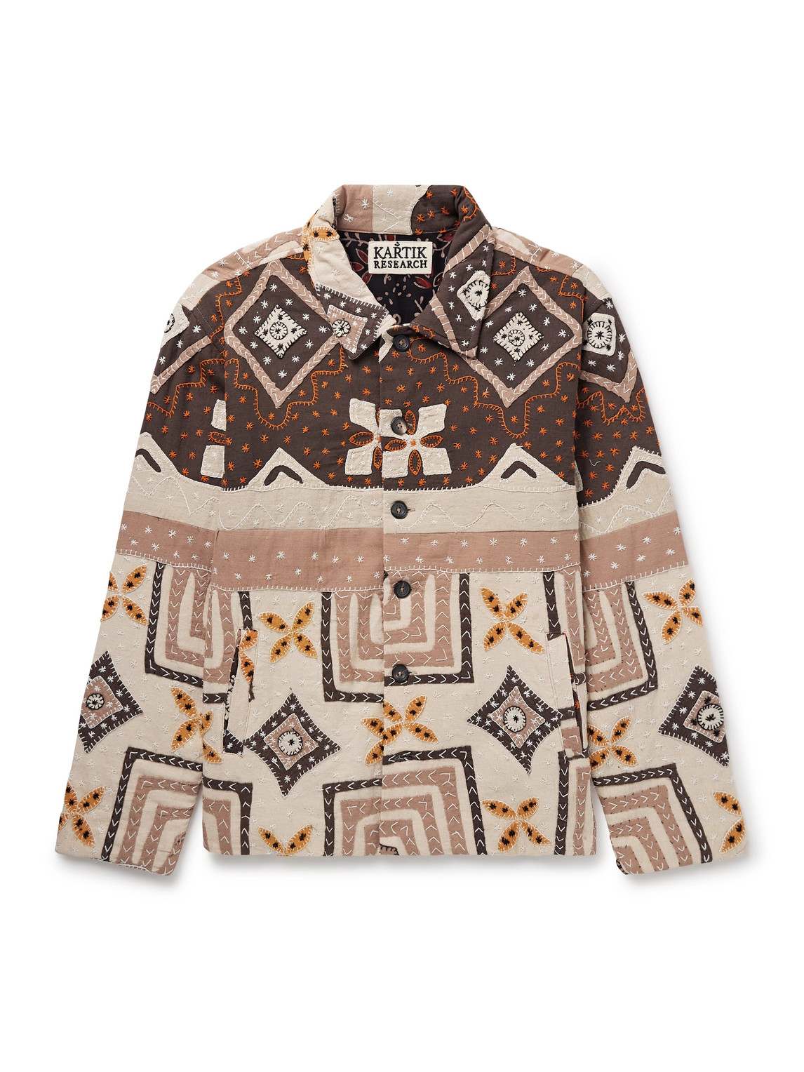 Shop Kartik Research Embroidered Quilted Patchwork Cotton Jacket In Brown