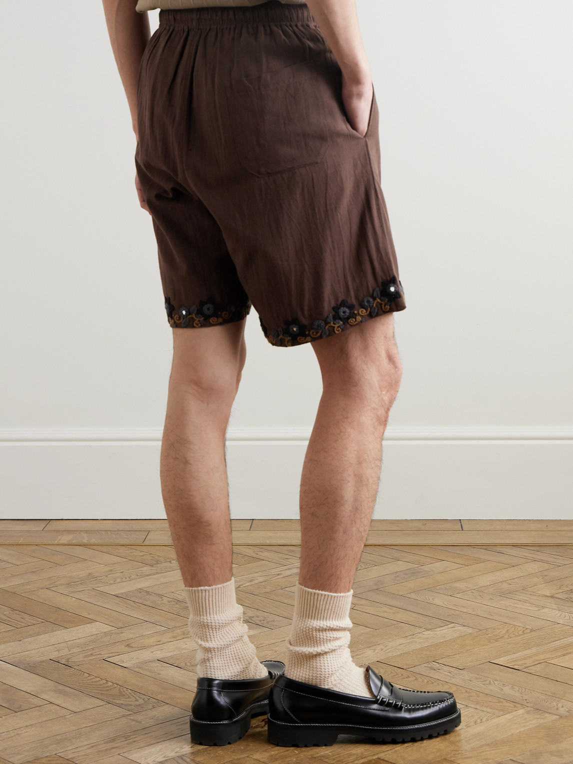 Shop Kartik Research Embellished Embroidered Cotton Shorts In Brown